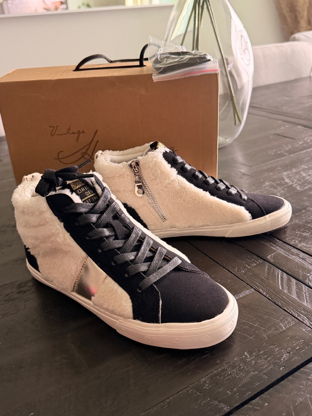 Vintage Black and Cream High-Top Sneakers with Shearling Panels